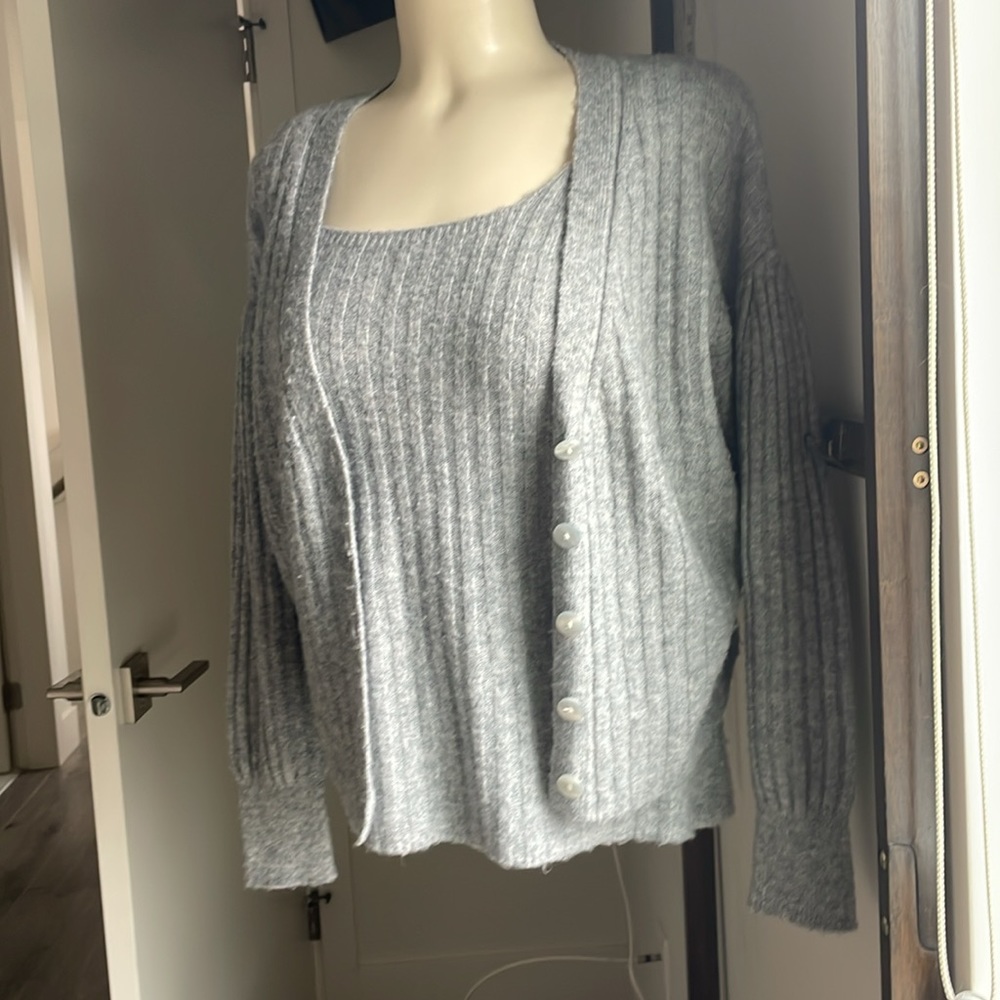 Cleo 2 Piece Fuzzy V-neck Gray Crop Sweater & Tank